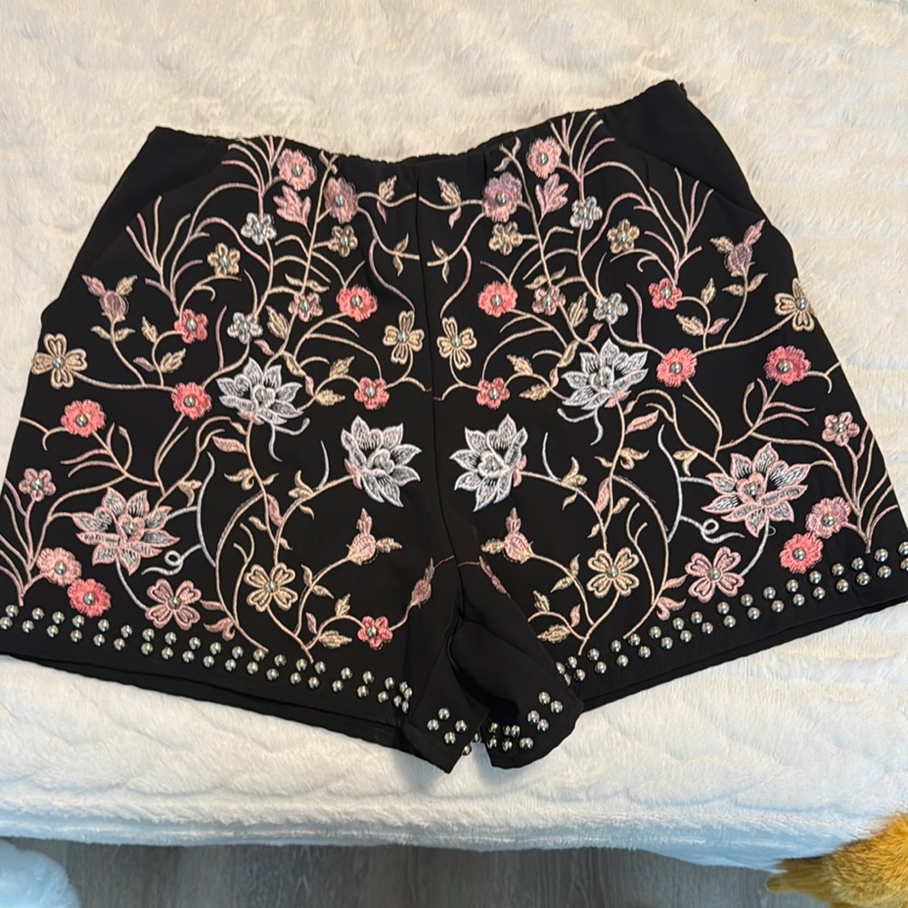 High Waist Black and Pink Floral Embroidered Shorts